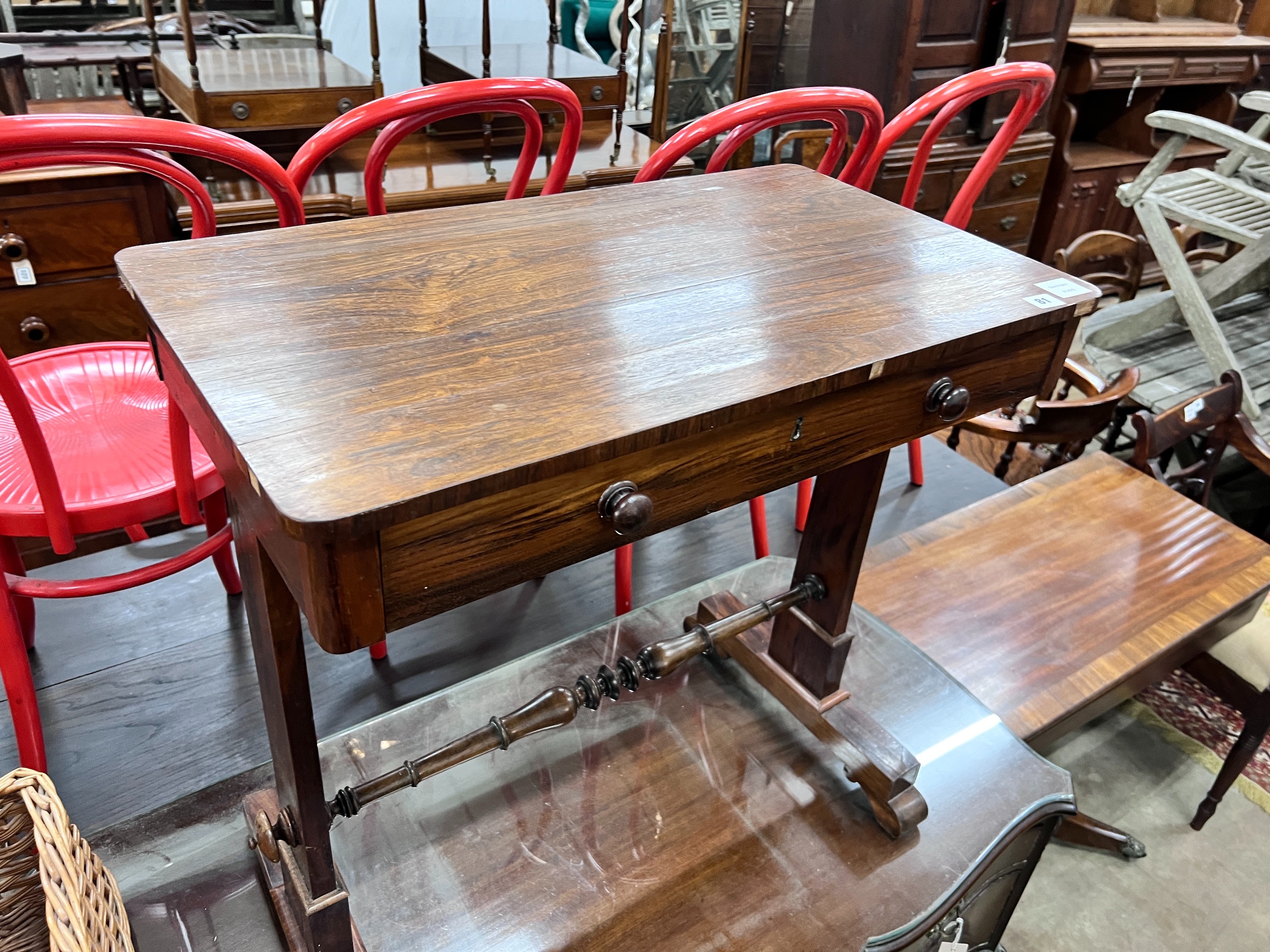 An early Victorian rosewood side table, width 72cm, depth 41cm, height 72cm *Please note the sale commences at 9am.